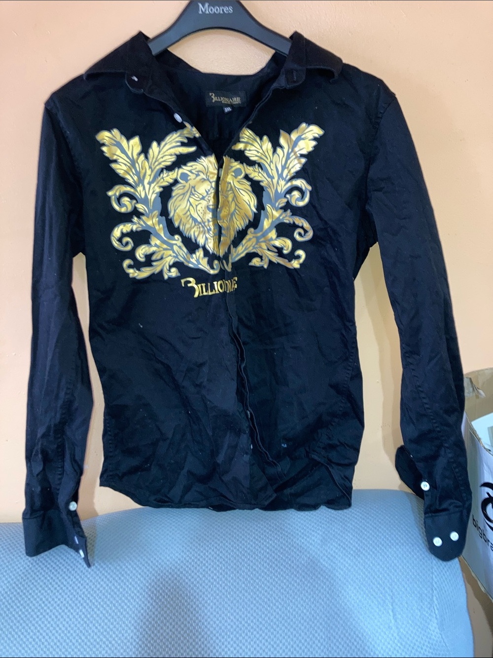 Black Long-Sleeve Polo with Gold Baroque Print
